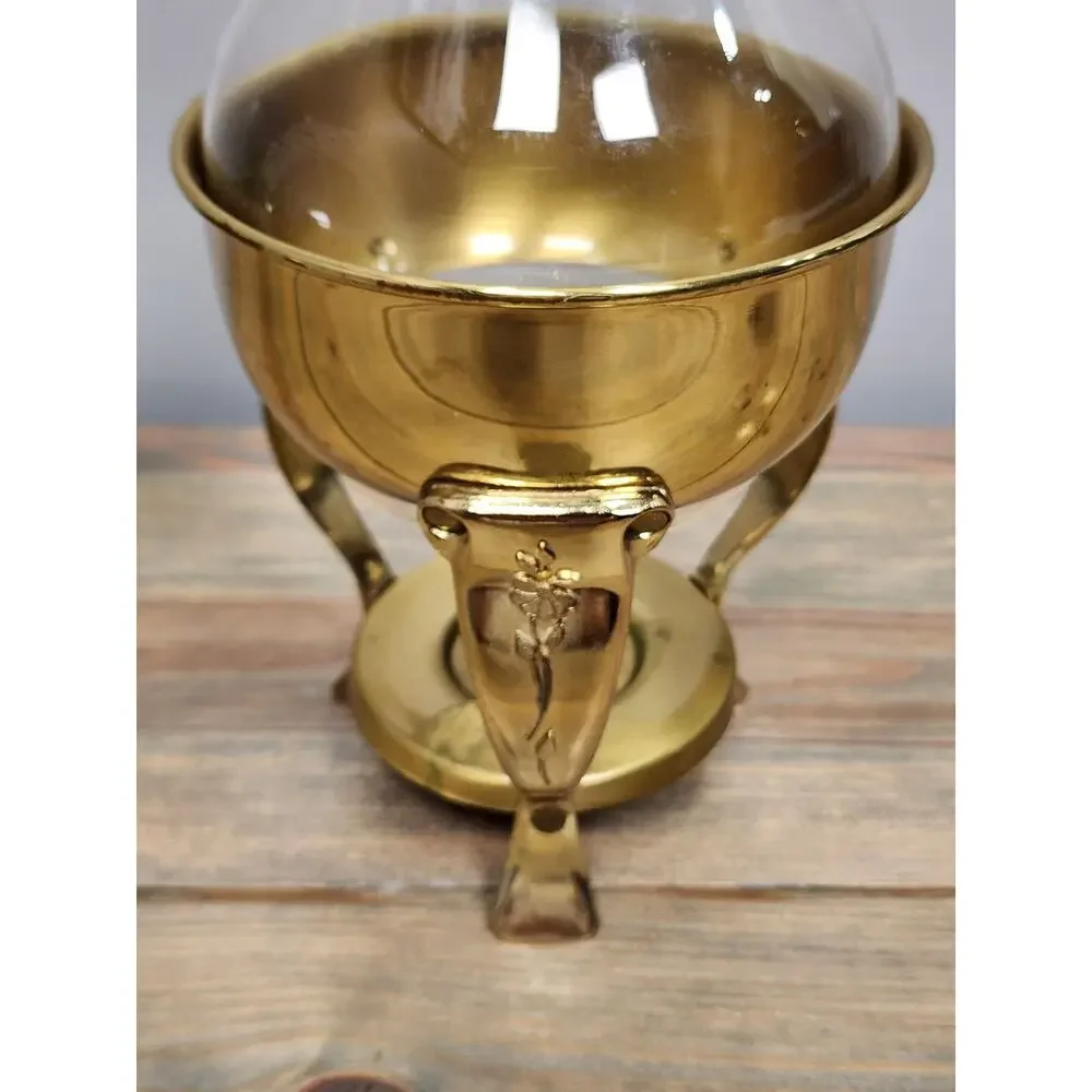 Vintage MCM Brass & Glass Coffee/Tea Carafe Warmer Stand Etched